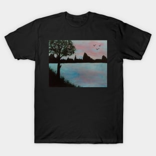 Sunset lake at the mountain bluffs; T-Shirt